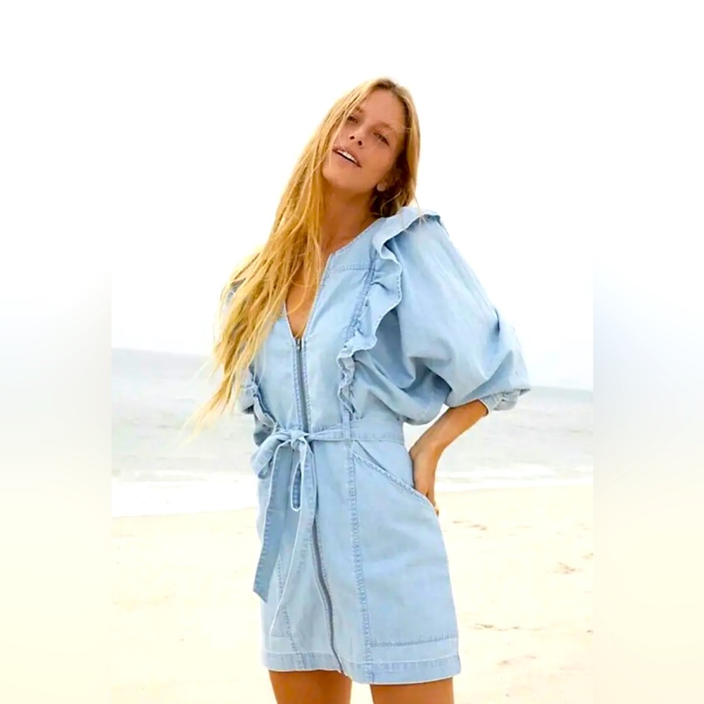Free People Imogene frill denim mini dress in blue - Large